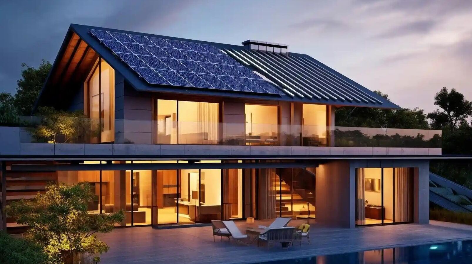 Modern two-story house with large windows, solar panels on the roof, outdoor pool, and illuminated interior at dusk.
