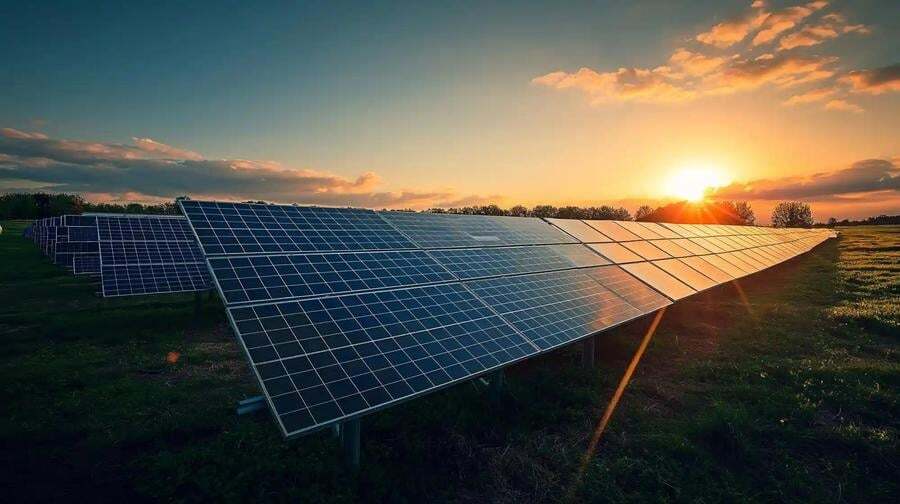 Rows of solar panels in a field capture sunlight at sunset, with a clear sky and some clouds in the background.